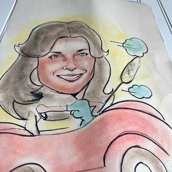 Vintage Original Caricature portrait drawing Women in Red Car 70's 80's Romcom - Picture 2 of 9